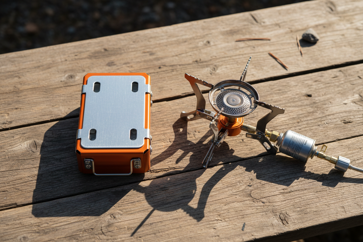 BlazeKit Folding Camping Stove flat lay – ultralight portable backpacking stove 120g